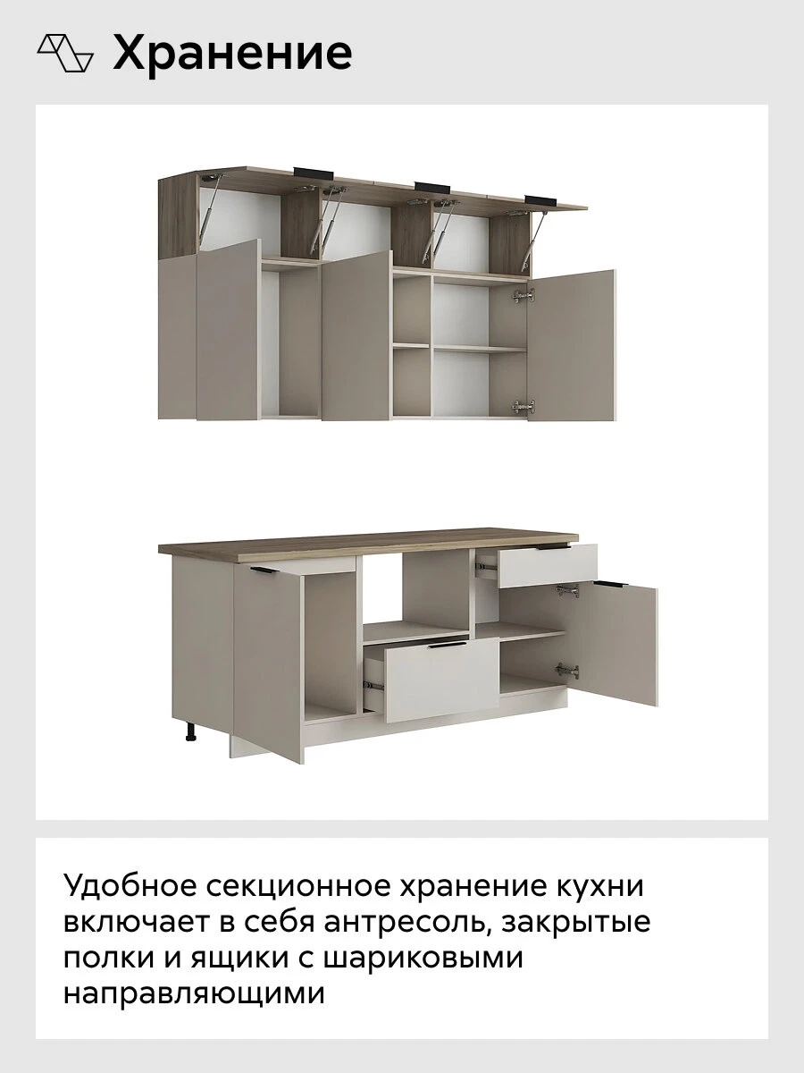 Кухонный гарнитур Нонтон Бохо, 180 см, кашемир / дуб крафт серый